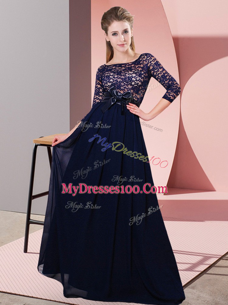 Dramatic Scoop 3 4 Length Sleeve Chiffon Dama Dress for Quinceanera Lace and Belt Side Zipper