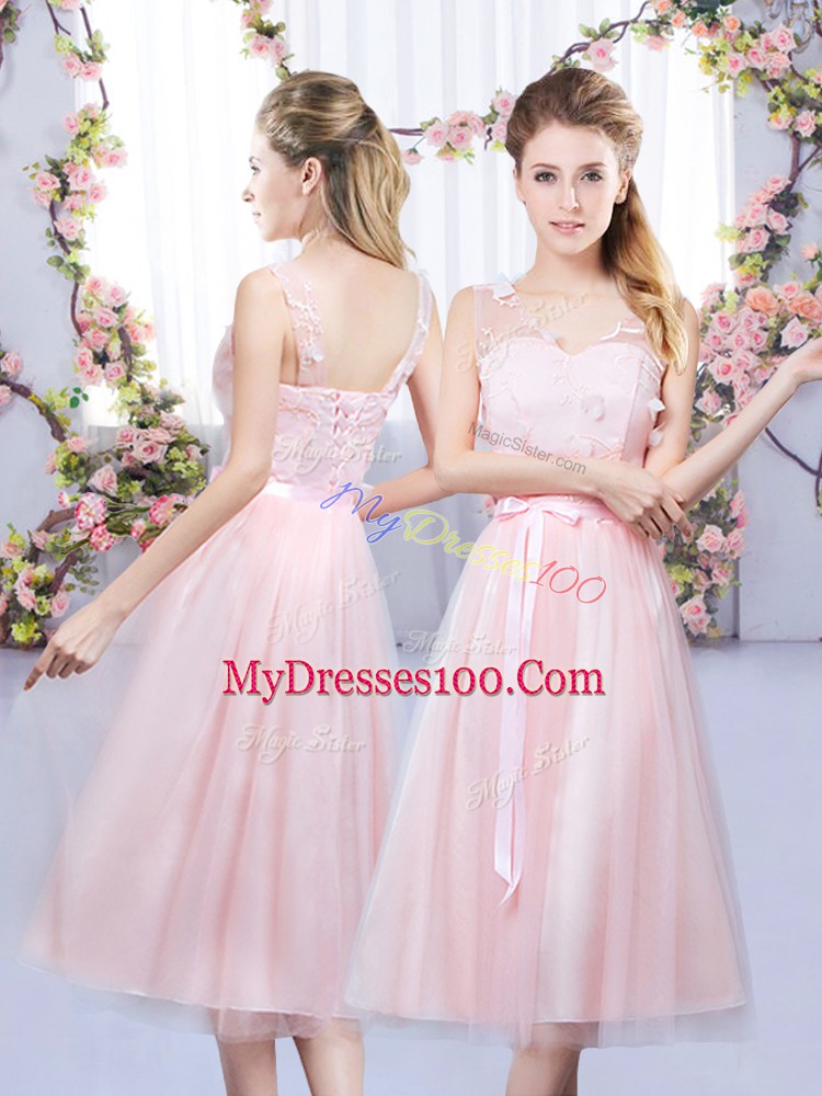 High End Baby Pink Tulle Lace Up Bridesmaids Dress Sleeveless Tea Length Lace and Belt
