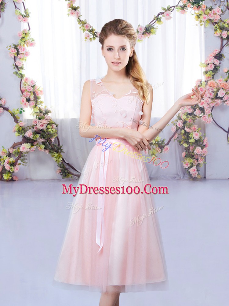 High End Baby Pink Tulle Lace Up Bridesmaids Dress Sleeveless Tea Length Lace and Belt
