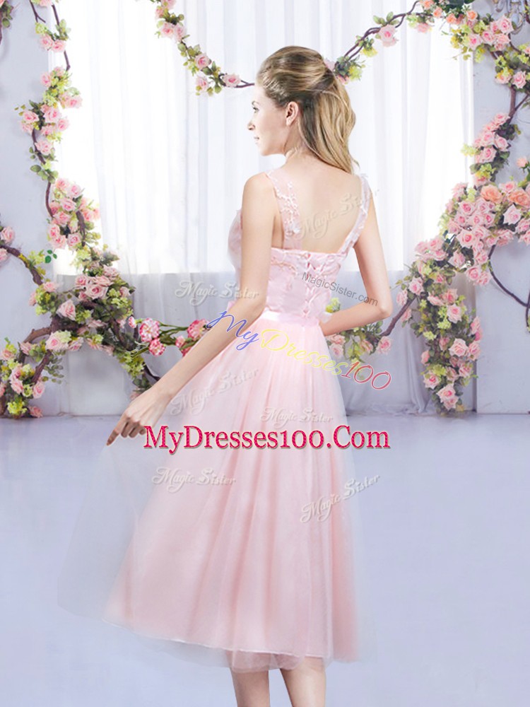 High End Baby Pink Tulle Lace Up Bridesmaids Dress Sleeveless Tea Length Lace and Belt