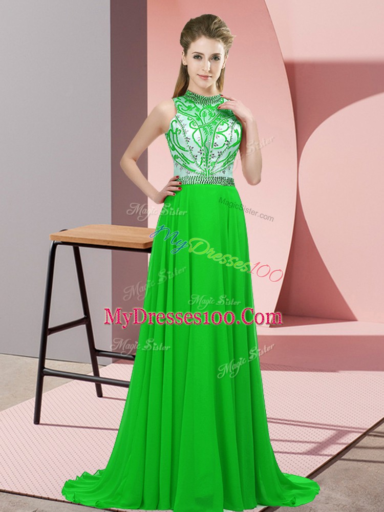 Custom Fit Green Chiffon Backless Halter Top Sleeveless Brush Train Beading