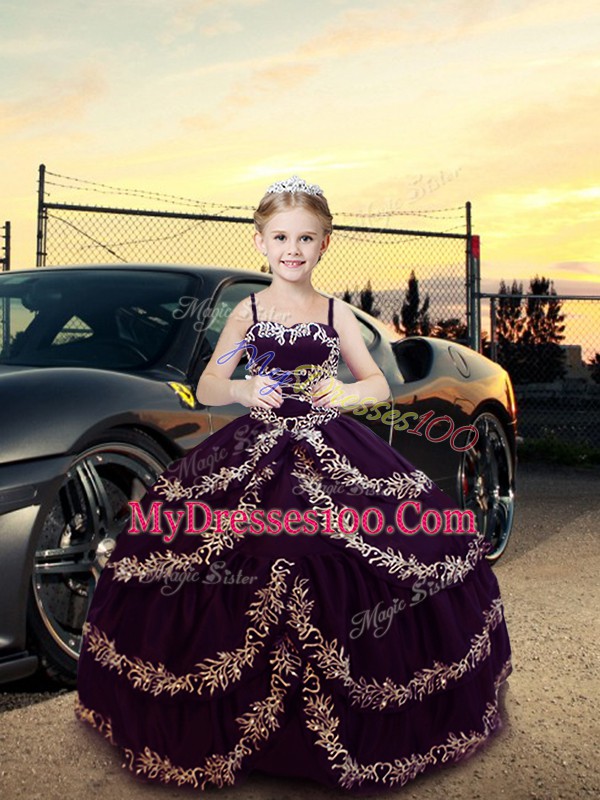Fashionable Satin Straps Sleeveless Lace Up Embroidery Little Girl Pageant Gowns in Dark Purple