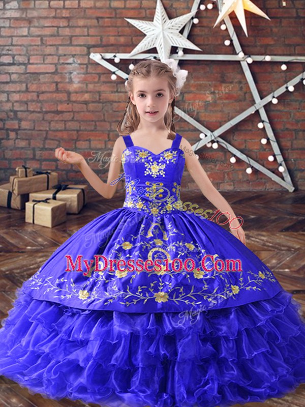 Embroidery and Ruffled Layers Little Girl Pageant Gowns Blue Lace Up Sleeveless Floor Length