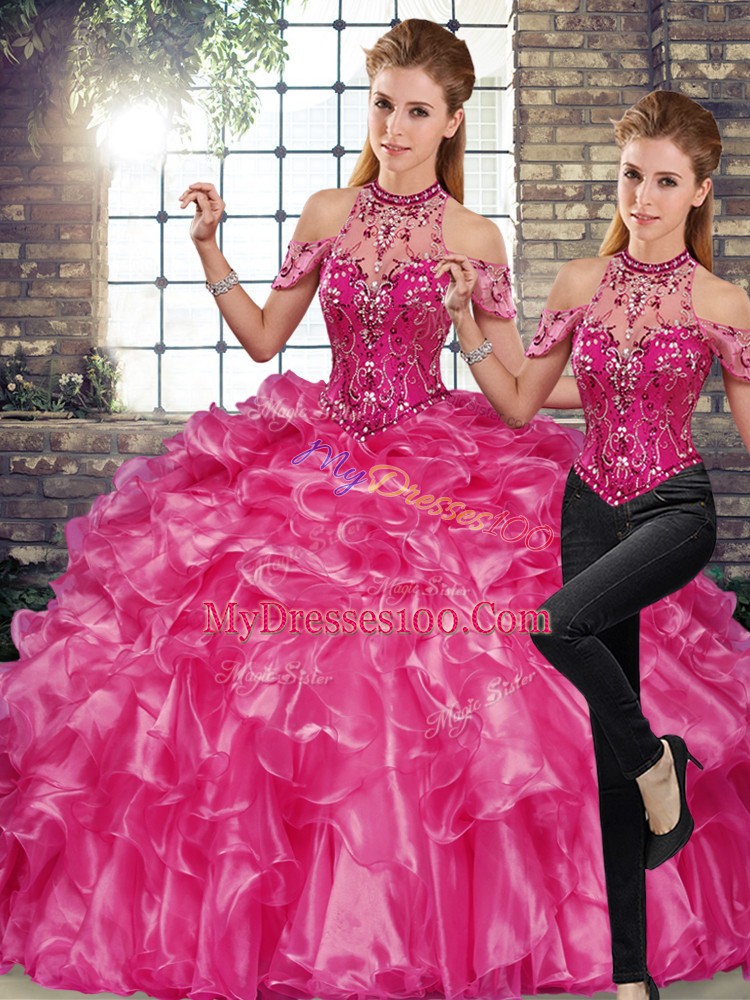 Fuchsia Lace Up Halter Top Beading and Ruffles Sweet 16 Quinceanera Dress Organza Sleeveless