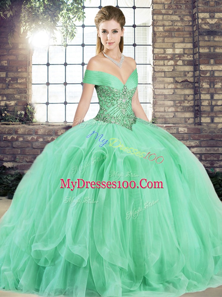 Apple Green Ball Gowns Off The Shoulder Sleeveless Tulle Floor Length Lace Up Beading and Ruffles Vestidos de Quinceanera