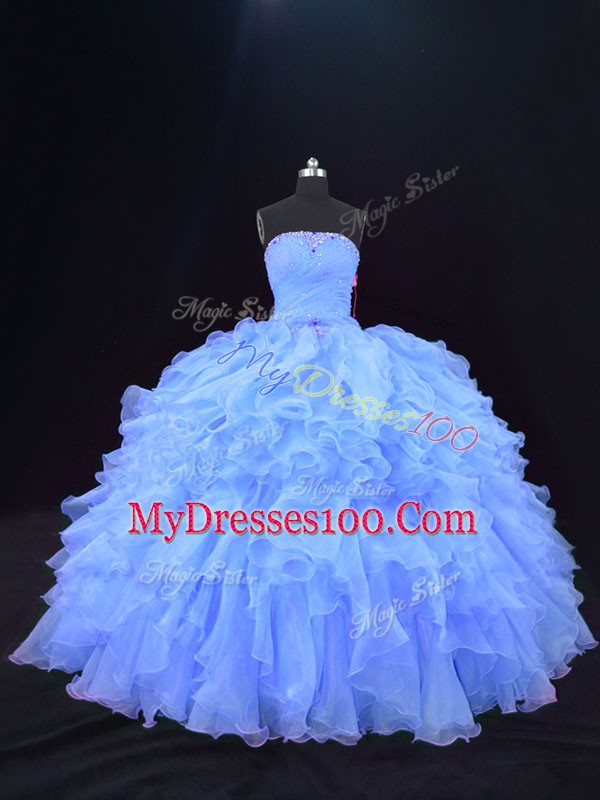 Most Popular Strapless Sleeveless 15 Quinceanera Dress Floor Length Beading and Ruffles Purple Organza