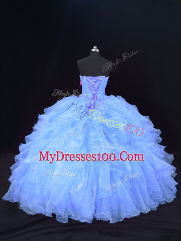 Most Popular Strapless Sleeveless 15 Quinceanera Dress Floor Length Beading and Ruffles Purple Organza