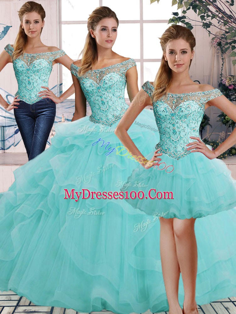 Aqua Blue Three Pieces Beading and Ruffles Quince Ball Gowns Lace Up Tulle Sleeveless Floor Length