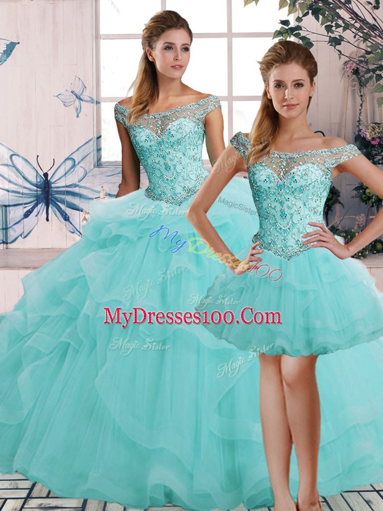 Aqua Blue Three Pieces Beading and Ruffles Quince Ball Gowns Lace Up Tulle Sleeveless Floor Length