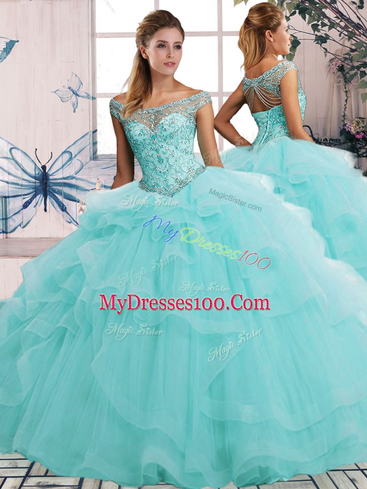 Aqua Blue Three Pieces Beading and Ruffles Quince Ball Gowns Lace Up Tulle Sleeveless Floor Length