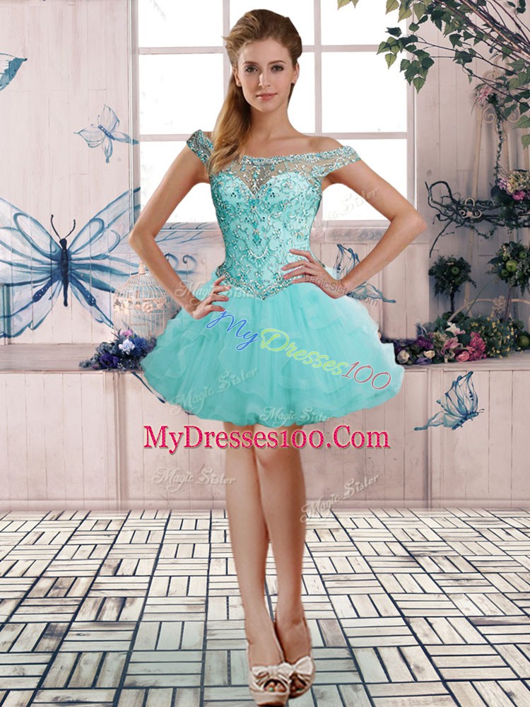 Aqua Blue Three Pieces Beading and Ruffles Quince Ball Gowns Lace Up Tulle Sleeveless Floor Length