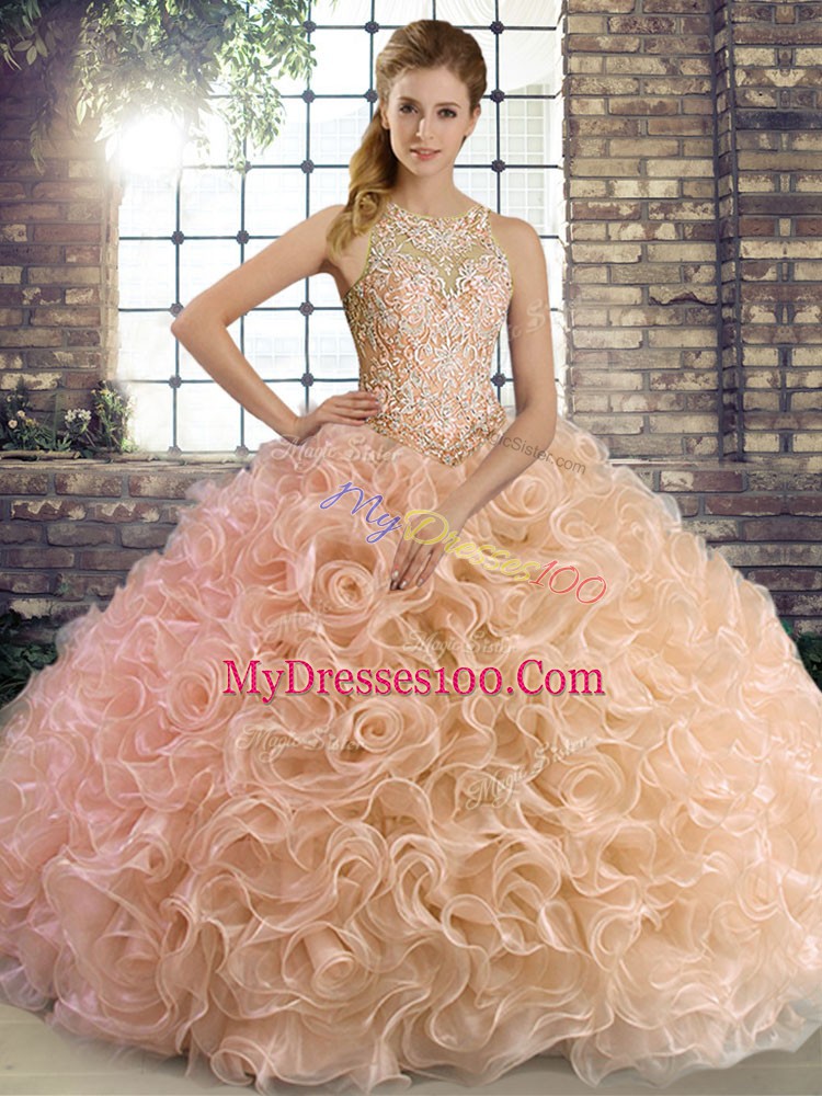 Delicate Peach Sleeveless Beading Floor Length Quince Ball Gowns