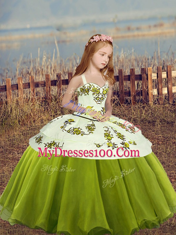 Ball Gowns Little Girls Pageant Dress Wholesale Olive Green Straps Organza Sleeveless Floor Length Lace Up