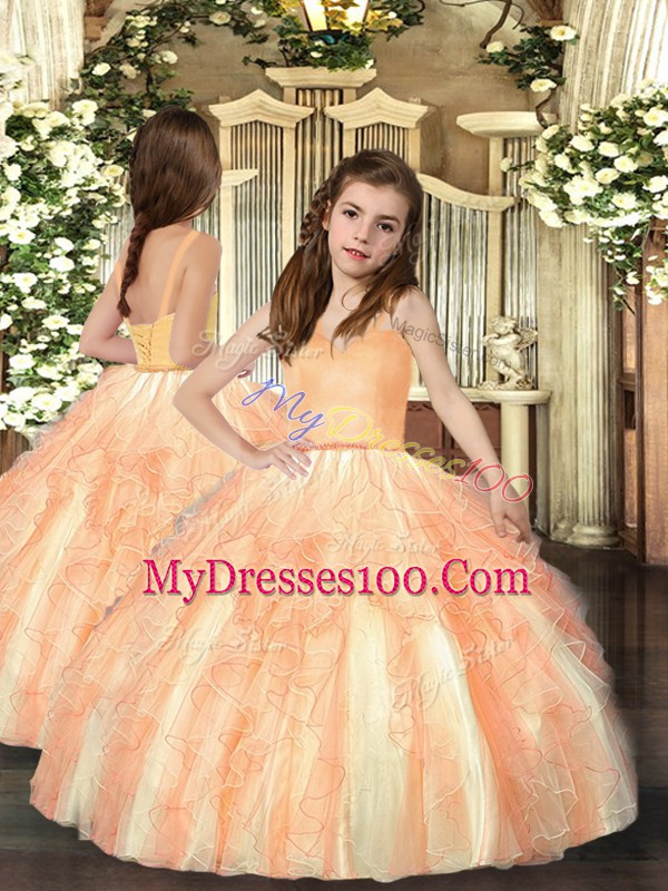 Glorious Orange Lace Up Straps Ruffles Little Girl Pageant Gowns Tulle Sleeveless