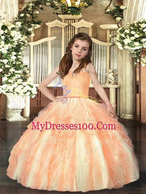 Glorious Orange Lace Up Straps Ruffles Little Girl Pageant Gowns Tulle Sleeveless