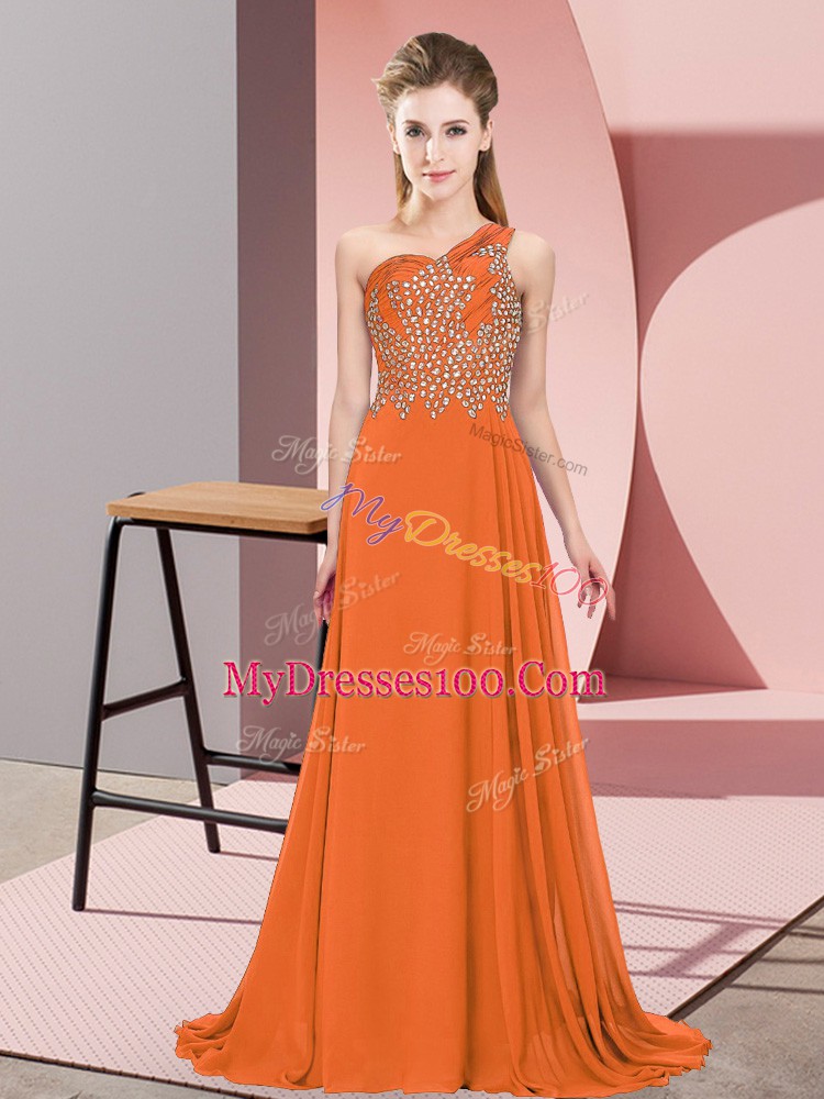 Orange Side Zipper One Shoulder Beading Prom Gown Chiffon Sleeveless