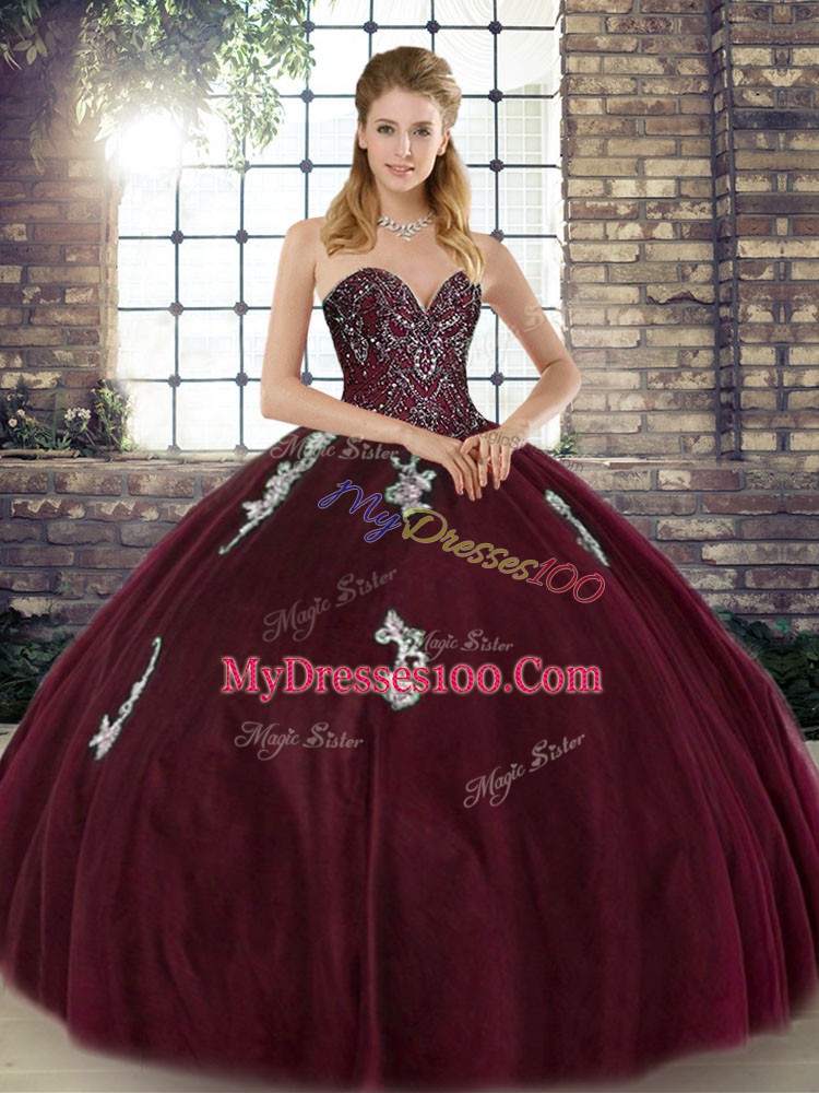Fancy Burgundy Tulle Lace Up Sweetheart Sleeveless Floor Length Quince Ball Gowns Beading and Appliques