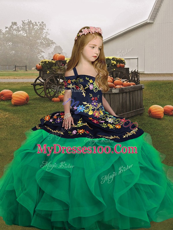 Turquoise Ball Gowns Embroidery and Ruffles Kids Formal Wear Lace Up Tulle Sleeveless Floor Length