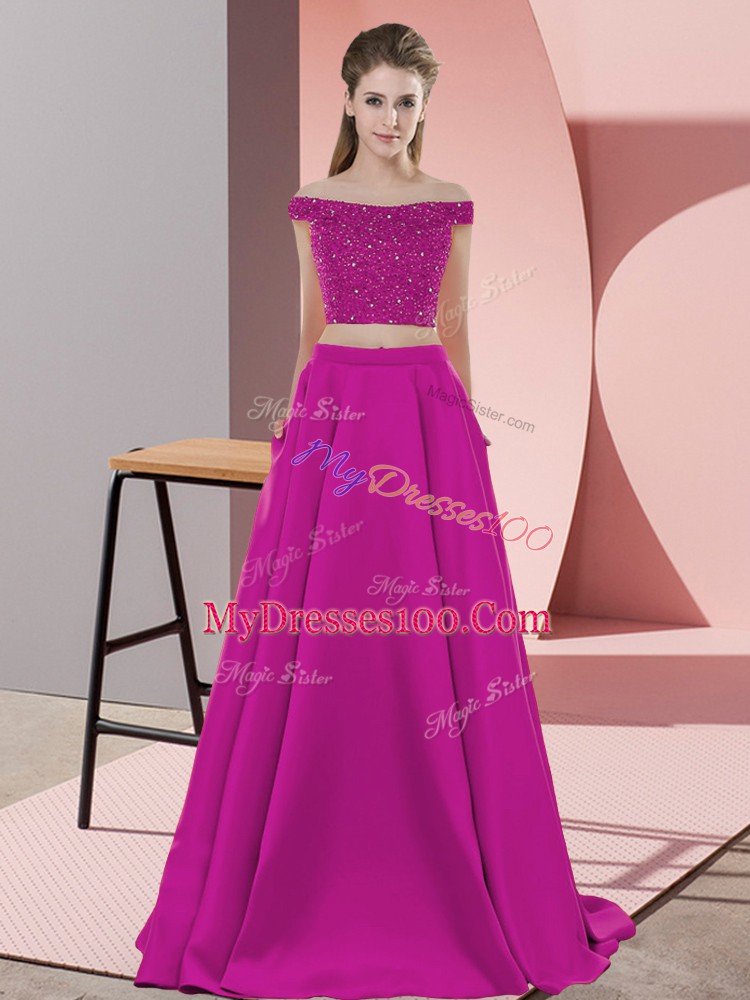 Charming Fuchsia Elastic Woven Satin Backless Off The Shoulder Sleeveless Prom Dresses Sweep Train Beading