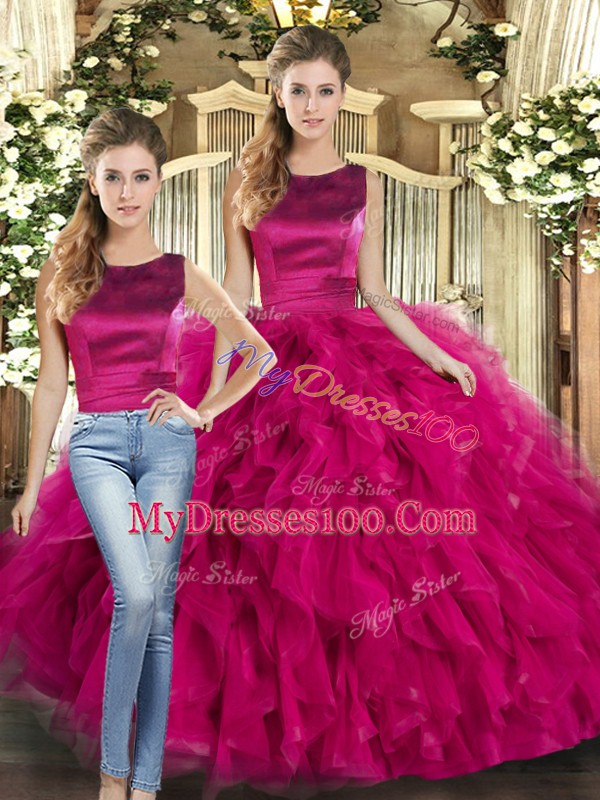 Fuchsia Two Pieces Scoop Sleeveless Tulle Floor Length Lace Up Ruffles 15 Quinceanera Dress