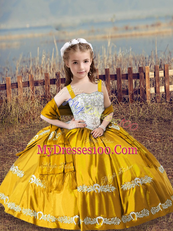 Affordable Gold Lace Up Straps Beading and Embroidery Little Girl Pageant Dress Satin Sleeveless