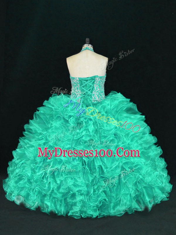 Fantastic Halter Top Sleeveless Sweet 16 Quinceanera Dress Floor Length Beading and Ruffles Turquoise Organza