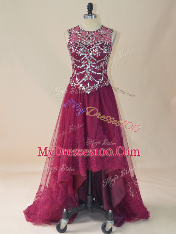 Custom Made Burgundy Sleeveless Tulle Lace Up Prom Gown for Prom and Party