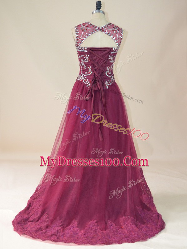 Custom Made Burgundy Sleeveless Tulle Lace Up Prom Gown for Prom and Party