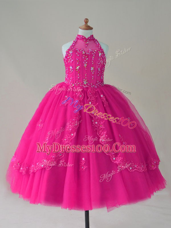 Fuchsia High-neck Lace Up Beading and Appliques Kids Pageant Dress Sleeveless