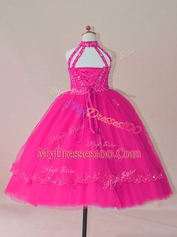 Fuchsia High-neck Lace Up Beading and Appliques Kids Pageant Dress Sleeveless
