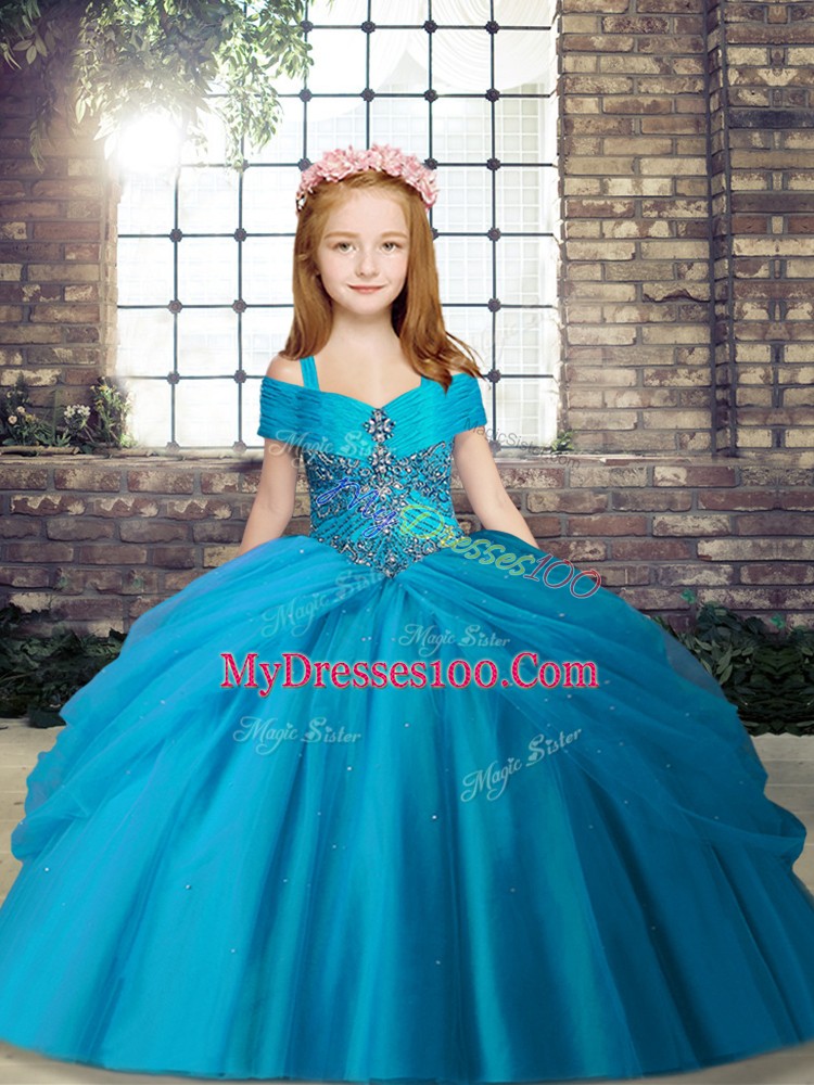 Gorgeous Ball Gowns Little Girls Pageant Dress Wholesale Baby Blue Straps Tulle Sleeveless Floor Length Lace Up