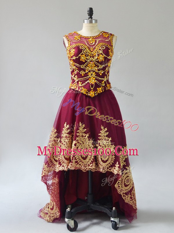 Noble Sleeveless Tulle High Low Lace Up Cocktail Dresses in Burgundy with Beading and Appliques