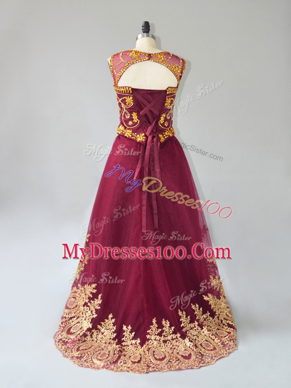 Noble Sleeveless Tulle High Low Lace Up Cocktail Dresses in Burgundy with Beading and Appliques