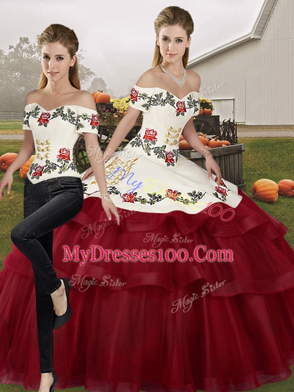Amazing Wine Red Two Pieces Embroidery and Ruffled Layers Quince Ball Gowns Lace Up Tulle Sleeveless