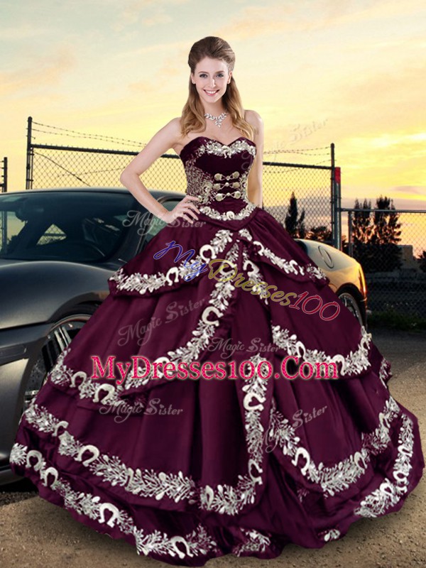 Stunning Purple Ball Gowns Sweetheart Sleeveless Satin Lace Up Embroidery and Ruffled Layers 15th Birthday Dress