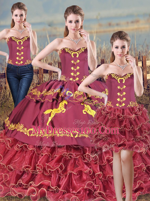 Romantic Sleeveless Satin and Organza Brush Train Lace Up Quinceanera Gown in Burgundy with Embroidery and Ruffles