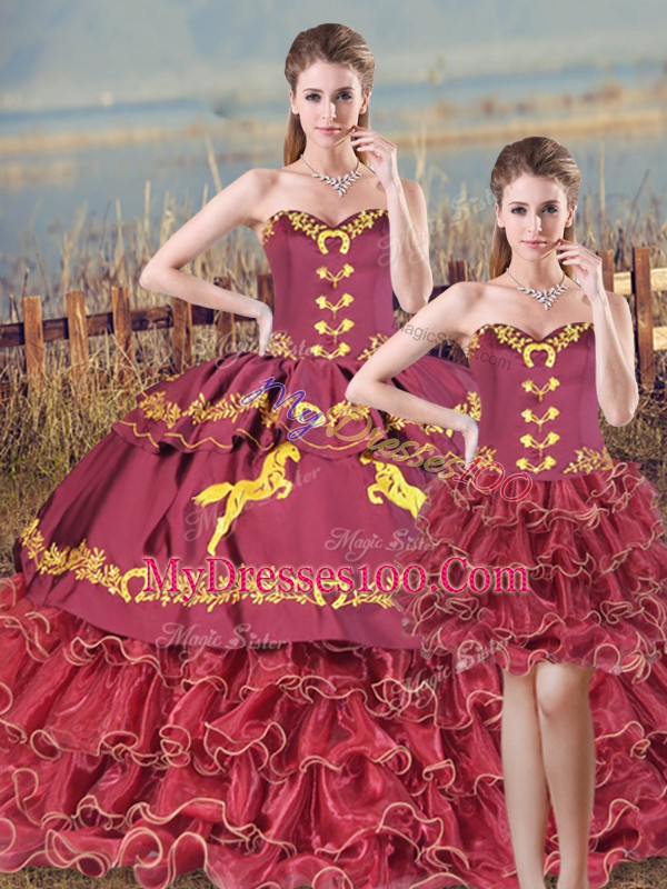 Romantic Sleeveless Satin and Organza Brush Train Lace Up Quinceanera Gown in Burgundy with Embroidery and Ruffles