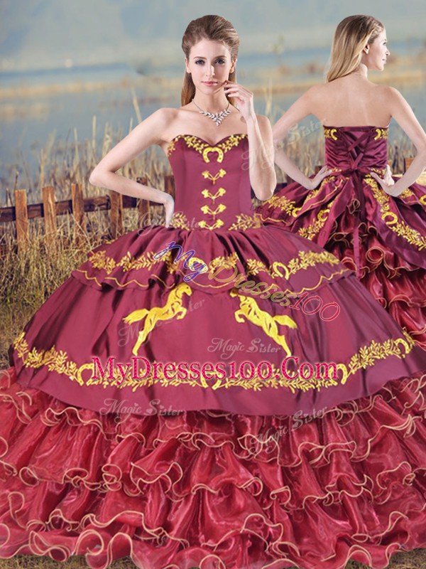Romantic Sleeveless Satin and Organza Brush Train Lace Up Quinceanera Gown in Burgundy with Embroidery and Ruffles