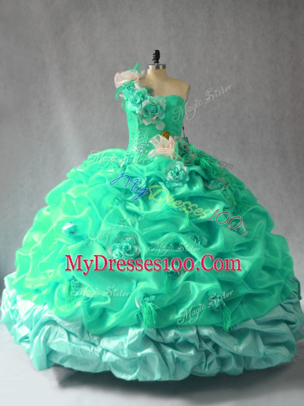 Turquoise Ball Gowns Organza One Shoulder Sleeveless Pick Ups and Hand Made Flower Floor Length Lace Up 15th Birthday Dress