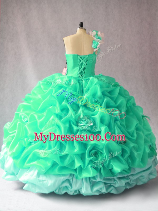 Turquoise Ball Gowns Organza One Shoulder Sleeveless Pick Ups and Hand Made Flower Floor Length Lace Up 15th Birthday Dress