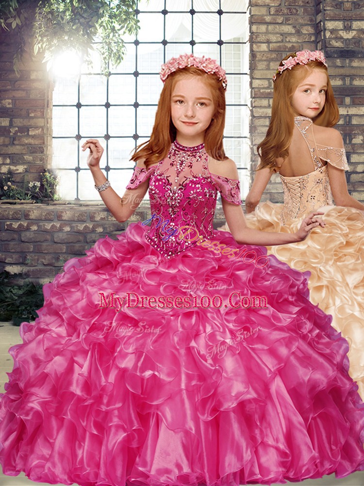 Hot Pink Organza Lace Up High-neck Sleeveless Floor Length Child Pageant Dress Beading and Ruffles