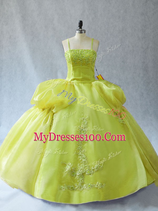 Trendy Yellow Green Sleeveless Floor Length Appliques Lace Up Quinceanera Gowns