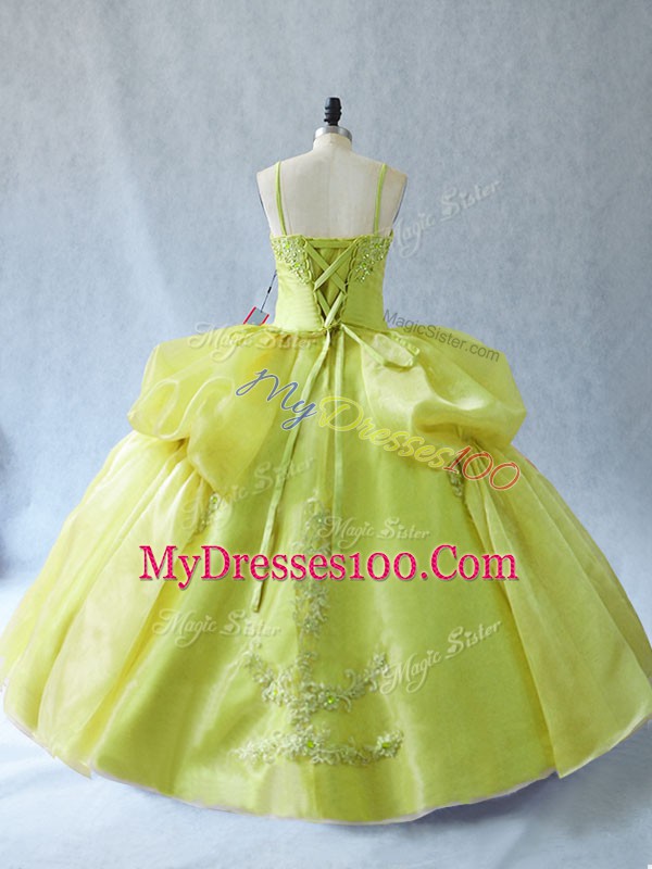 Trendy Yellow Green Sleeveless Floor Length Appliques Lace Up Quinceanera Gowns