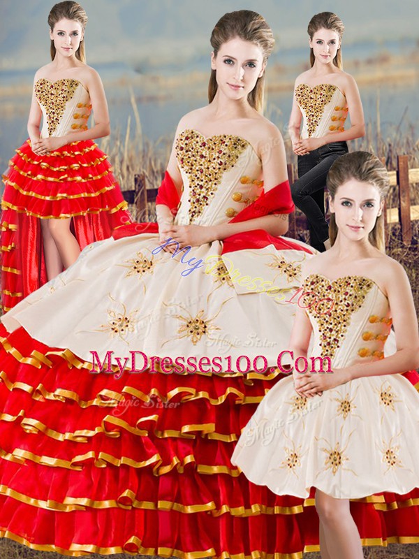 Pretty White And Red Sleeveless Organza Lace Up Sweet 16 Dress for Sweet 16 and Quinceanera