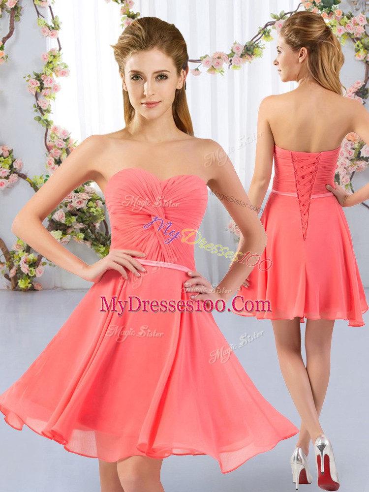 Custom Designed Empire Quinceanera Court of Honor Dress Watermelon Red Sweetheart Chiffon Sleeveless Mini Length Lace Up