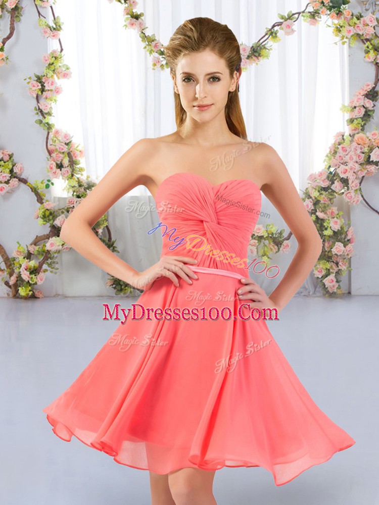 Custom Designed Empire Quinceanera Court of Honor Dress Watermelon Red Sweetheart Chiffon Sleeveless Mini Length Lace Up