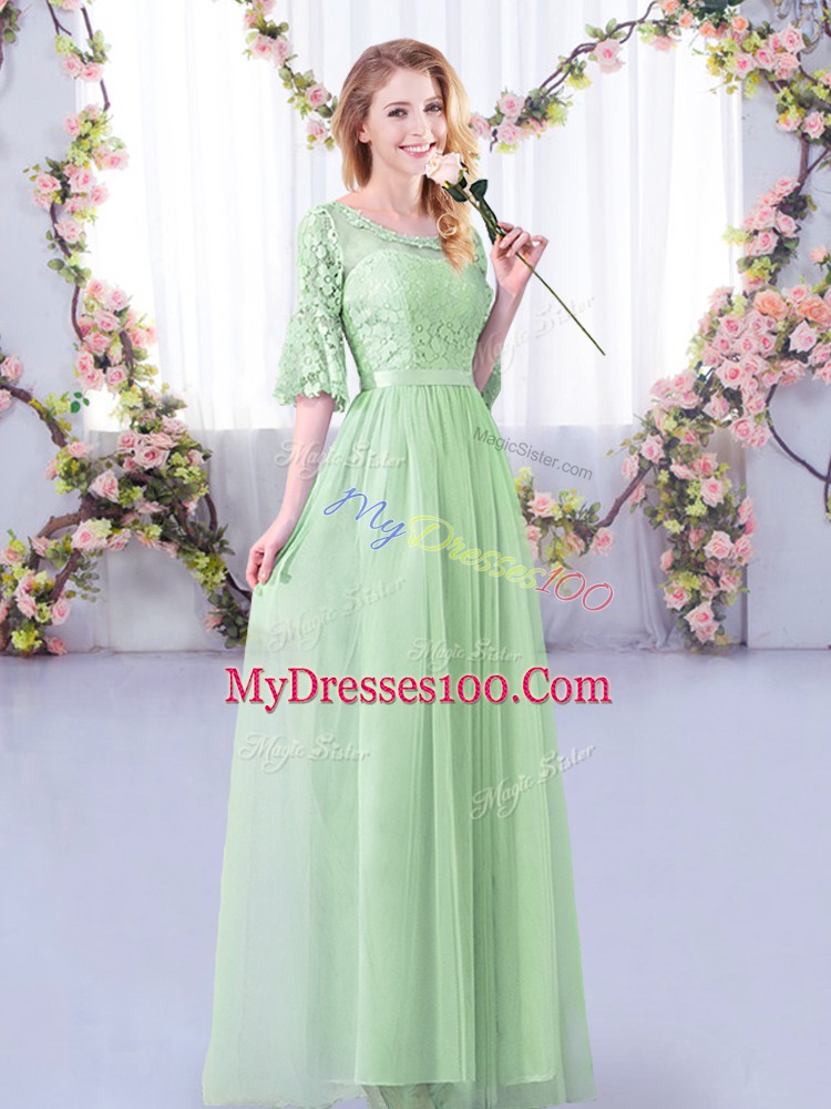 Decent Half Sleeves Floor Length Lace and Belt Side Zipper Bridesmaid Dresses with Apple Green