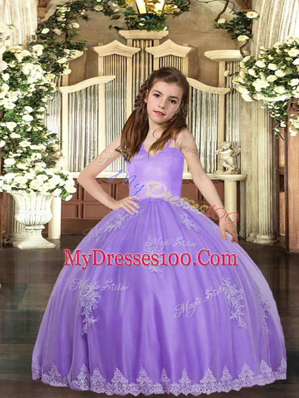 Tulle Sleeveless Floor Length Little Girls Pageant Dress Wholesale and Appliques