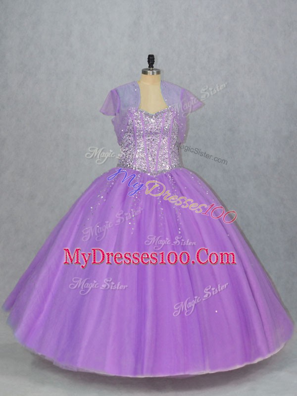 Floor Length Lavender Quinceanera Gown Tulle Sleeveless Beading