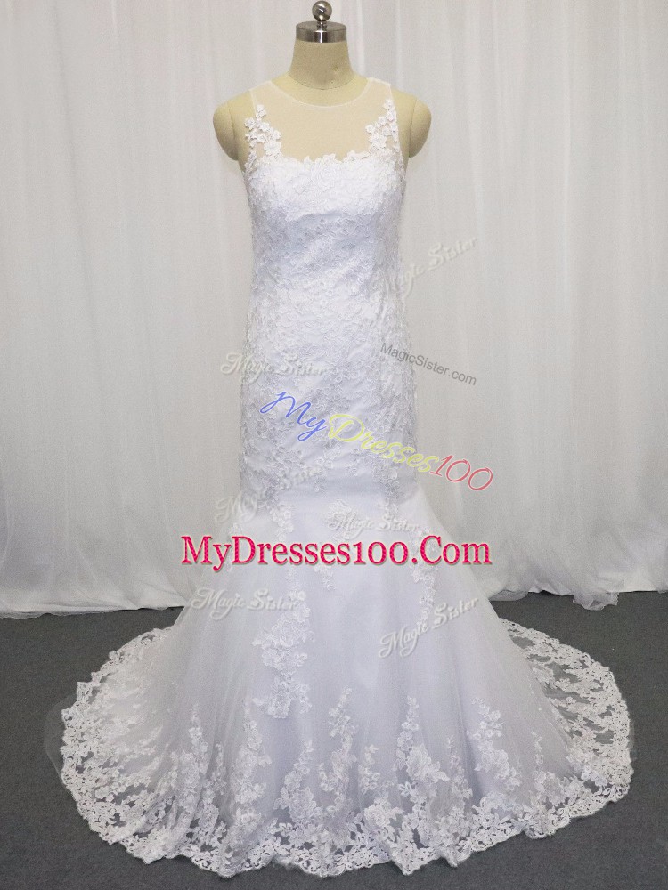 High Quality White Wedding Gown Scoop Sleeveless Brush Train Side Zipper